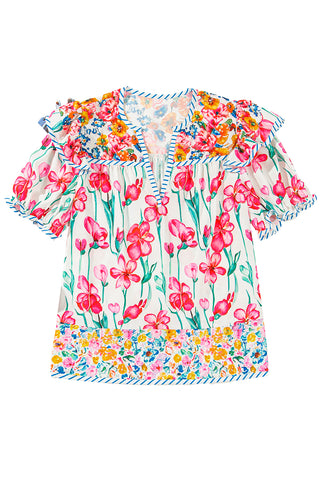 Pink Floral Print Striped Detail Split Neck Short Sleeve Blouse, A Blissfully Beautiful Boutique - A Blissfully Beautiful Boutique