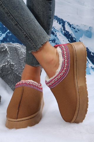 Chestnut Suede Contrast Print Round Toe Plush Lined Flats, Dear-Lover Dropshipping - A Blissfully Beautiful Boutique
