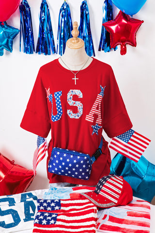 Fiery Red Patriotic USA Slogan Patch Embroidery Short Sleeve T Shirt, Dear-Lover Dropshipping - A Blissfully Beautiful Boutique