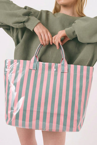 Blackish Green Glossy Striped Vinyl Large Tote Bag, Dear-Lover Dropshipping - A Blissfully Beautiful Boutique