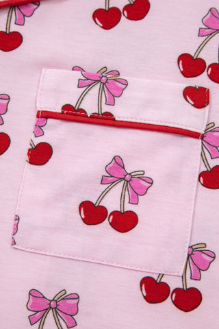 Pink Cherry/Bow Print Short Pajama Set, Dear-Lover Dropshipping - A Blissfully Beautiful Boutique