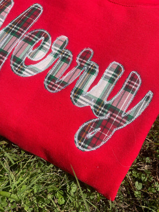Merry Plaid Fabric Applique with Optional Side Bows Christmas Holiday Embroidered Sweatshirt, Merch Girls - A Blissfully Beautiful Boutique