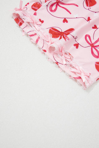 Red Romantic Bow Print Loose Tee Drawstring Shorts 2pcs Lounge Set, Dear-Lover Dropshipping - A Blissfully Beautiful Boutique