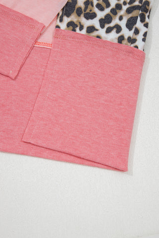 Light Pink Color Block Leopard Patchwork Dolman Sleeve High Low Baggy Sweatshirt