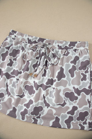 Khaki Abstract Camo Elastic Waist Drawstring Mini Skort, Dear-Lover Dropshipping - A Blissfully Beautiful Boutique