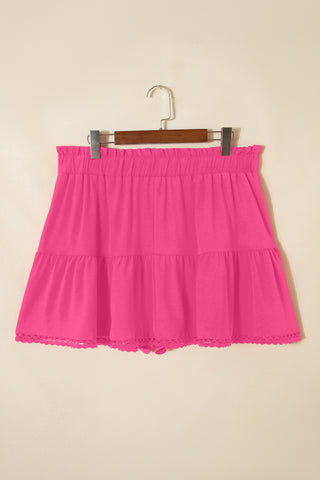 Rose Red Plus Size Frilled Elastic Waist Lace Trim Boho Ruffled Shorts, Dear-Lover Dropshipping - A Blissfully Beautiful Boutique