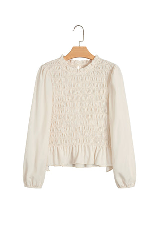 Jet Stream Solid Color Smocked Ruffle Hem Long Sleeve Blouse