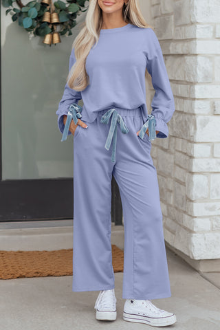 Beau Blue Flounce Long Sleeve Top Drawstring Pants Contrast Velvet Bow Knot 2pcs Lounge Set, Dear-Lover Dropshipping - A Blissfully Beautiful Boutique