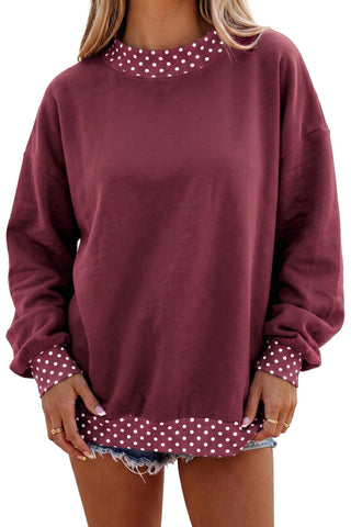 Burgundy Colorblock Polka Dot Contrast Trim Oversized Sweatshirt