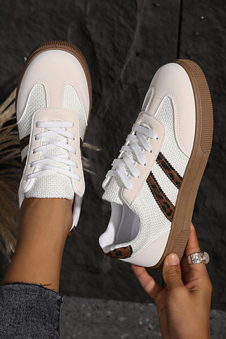 White Textured Woven PU Leather Leopard Patchwork Flat Sneakers, Dear-Lover Dropshipping - A Blissfully Beautiful Boutique