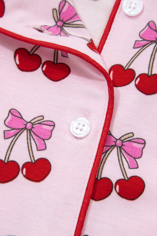 Pink Cherry/Bow Print Short Pajama Set, Dear-Lover Dropshipping - A Blissfully Beautiful Boutique