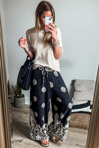 Black Bohemian Printed Drawstring Waist Wide Leg Pants