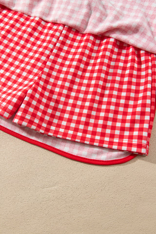 Red Gingham Oversized Ribbed Trim Crew Neck Long Sleeve Top and Skort Set
