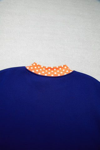 Dirty blue Polka Dot Letter Print Contrast Trim Mock Neck Sweatshirt