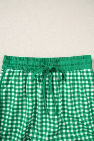 Red Gingham Oversized Ribbed Trim Crew Neck Long Sleeve Top and Skort Set