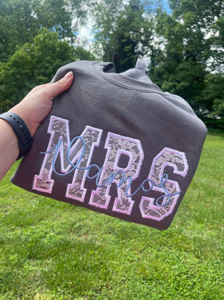 Lace Applique Mrs. Bride to Be Custom Embroidered CC Short Sleeve/Sweatshirt, Merch Girls - A Blissfully Beautiful Boutique