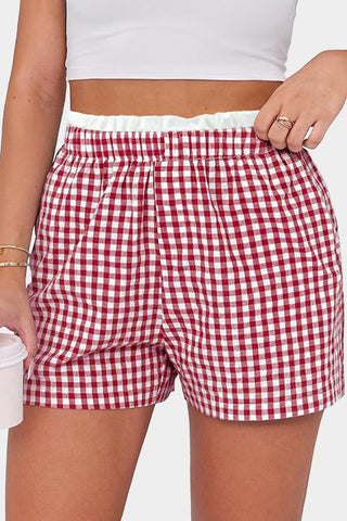 Red Contrast Trim Plaid Print Plus Size Shorts, Dear-Lover Dropshipping - A Blissfully Beautiful Boutique