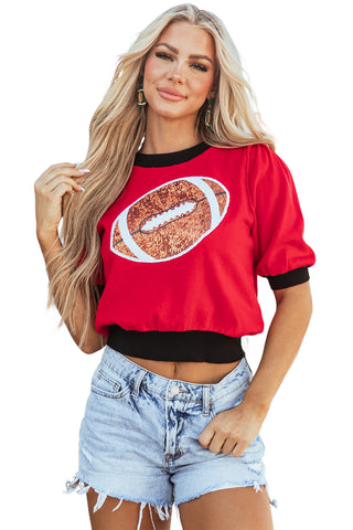 Red Sequin Rugby Color Block Puff Short Sleeve Sweater