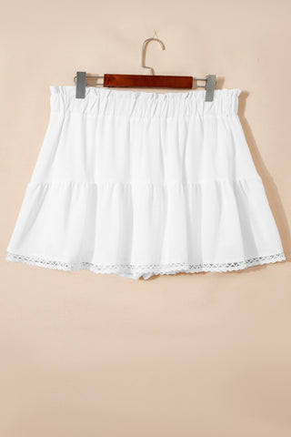 White Plus Size Frilled Elastic Waist Lace Trim Boho Ruffled Shorts, Dear-Lover Dropshipping - A Blissfully Beautiful Boutique