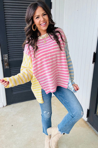 Multicolour Color Block Striped Patchwork Dolman Sleeve Slit Sweater, Dear-Lover Dropshipping - A Blissfully Beautiful Boutique