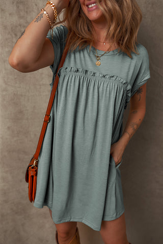 Mist Green Frilled Gathered Seam Round Neck T Shirt Dress