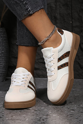 White Textured Woven PU Leather Leopard Patchwork Flat Sneakers, Dear-Lover Dropshipping - A Blissfully Beautiful Boutique