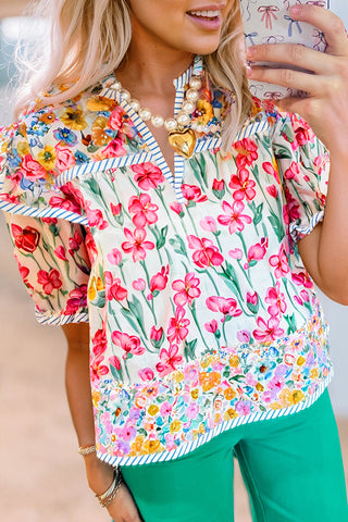 Pink Floral Print Striped Detail Split Neck Short Sleeve Blouse, A Blissfully Beautiful Boutique - A Blissfully Beautiful Boutique