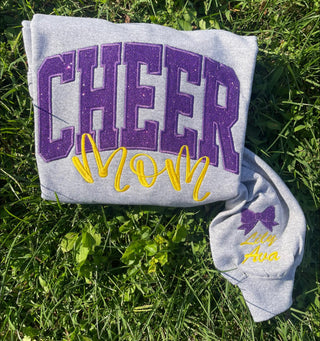 Cheer Mom Varsity Glitter Applique with Name and Icon on Sleeve Embroidered Tee, Merch Girls - A Blissfully Beautiful Boutique
