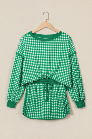 Red Gingham Oversized Ribbed Trim Crew Neck Long Sleeve Top and Skort Set