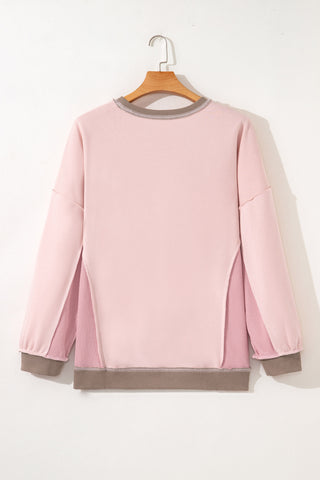 Light Pink Plus Color Block Waffle Patchwork Exposed Seam Baggy Sweatshirt, Dear-Lover Dropshipping - A Blissfully Beautiful Boutique