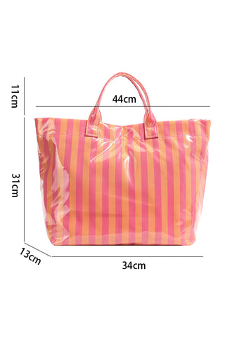 Rose Red Glossy Striped Vinyl Large Tote Bag, Dear-Lover Dropshipping - A Blissfully Beautiful Boutique
