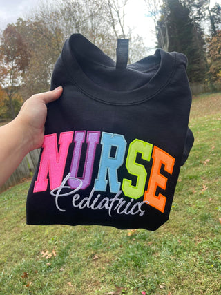 Nurse Varsity Multicolor Neon Glitter Applique Embroidered Shirt, Merch Girls - A Blissfully Beautiful Boutique