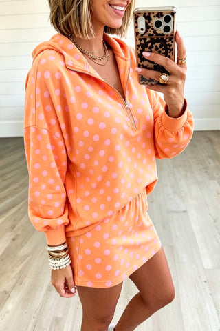 Orange Polka Dot Hooded Long Sleeve Top Casual Mini Skort Set