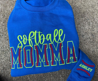 Custom Softball Stitch Text Embroidered Comfort Color Tee or Gildan Sweatshirt with Sleeve Detail, Merch Girls - A Blissfully Beautiful Boutique