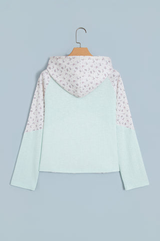 Clearly Aqua Textured Floral Patchwork Button Hooded Long Sleeve Top
