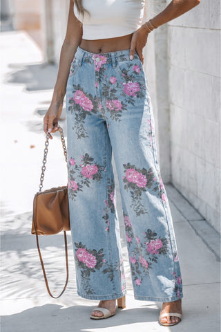 Sky Blue Garden Floral Print Bootcut Jeans, Dear-Lover Dropshipping - A Blissfully Beautiful Boutique