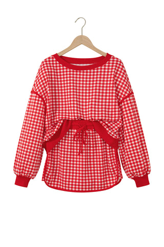 Red Gingham Oversized Ribbed Trim Crew Neck Long Sleeve Top and Skort Set