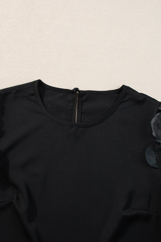 Black Contrast Applique Mesh Half Sleeve Blouse