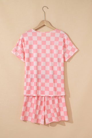 Pink Checkered V Neck Tee Drawstring Shorts Lounge Set