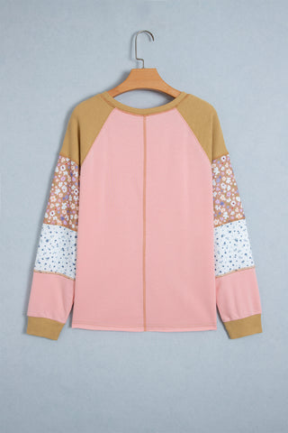 Apricot Pink Color Block Floral Waffle Mixed Patchwork Long Sleeve Top