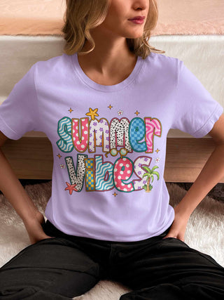 Summer Vibes Preppy Pattern Graphic Tee, Merch Girls - A Blissfully Beautiful Boutique