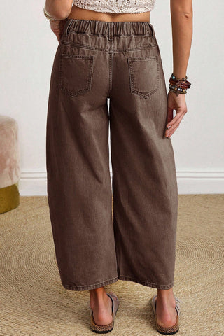 Coffee Solid Color Square Patch Pocket Ankle-length Barrel Jeans, Dear-Lover Dropshipping - A Blissfully Beautiful Boutique