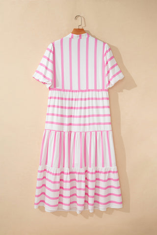 Pink Stripe Plus Size V Neck Short Puff Sleeve Tiered Maxi Dress, Dear-Lover Dropshipping - A Blissfully Beautiful Boutique