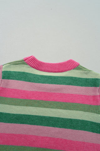 Green Color Block Ribbed Edge Round Neck Sweater