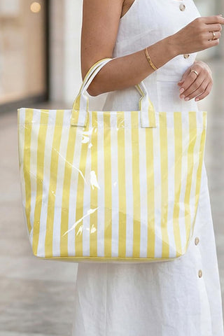 Yellow Cream Glossy Striped Vinyl Large Tote Bag, Dear-Lover Dropshipping - A Blissfully Beautiful Boutique