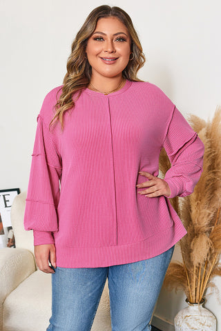 Bonbon Spiral Ribbed Exposed Seam Detail Plus Size Long Sleeve Top