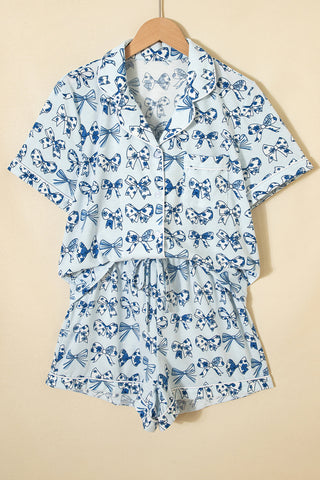 Sky Blue Bow Print Short Pajama Set, Dear-Lover Dropshipping - A Blissfully Beautiful Boutique