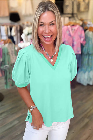 Mint Green Solid Color V Neck Short Puff Sleeve Blouse, Dear-Lover Dropshipping - A Blissfully Beautiful Boutique