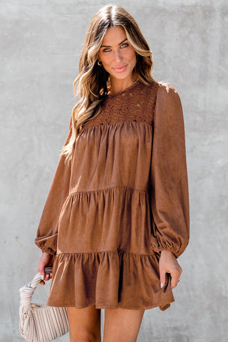 Chestnut Floral Lace Crochet Tiered Ruffled Mini Dress