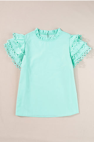 Mint Green Layered Ric Rac Cap Sleeve Frilled Neck Blouse